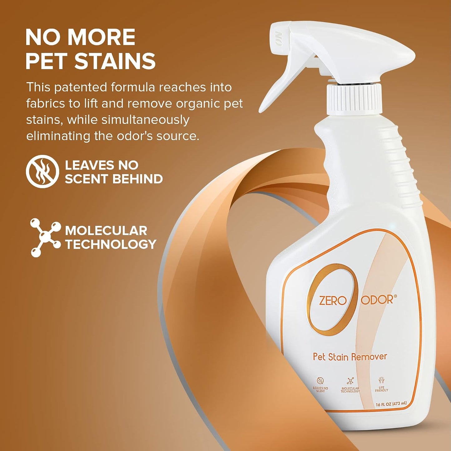Zero Odor pet stain remover bottle showing molecular technology benefits