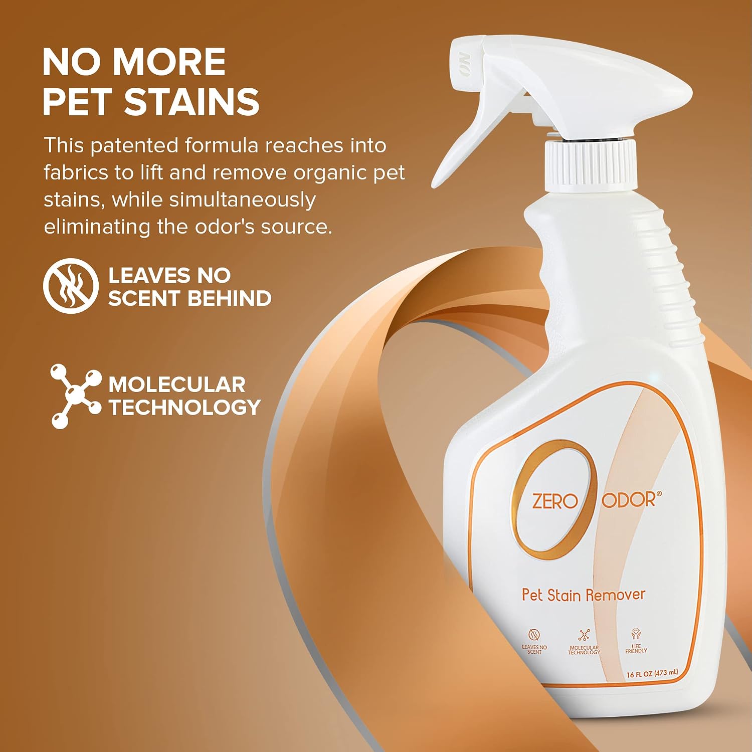 Zero Odor pet stain remover bottle showing molecular technology benefits