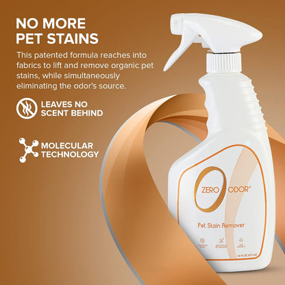 Zero Odor pet stain remover bottle showing molecular technology benefits