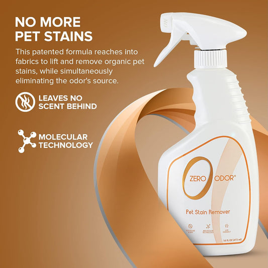 Zero Odor pet stain remover bottle showing molecular technology benefits