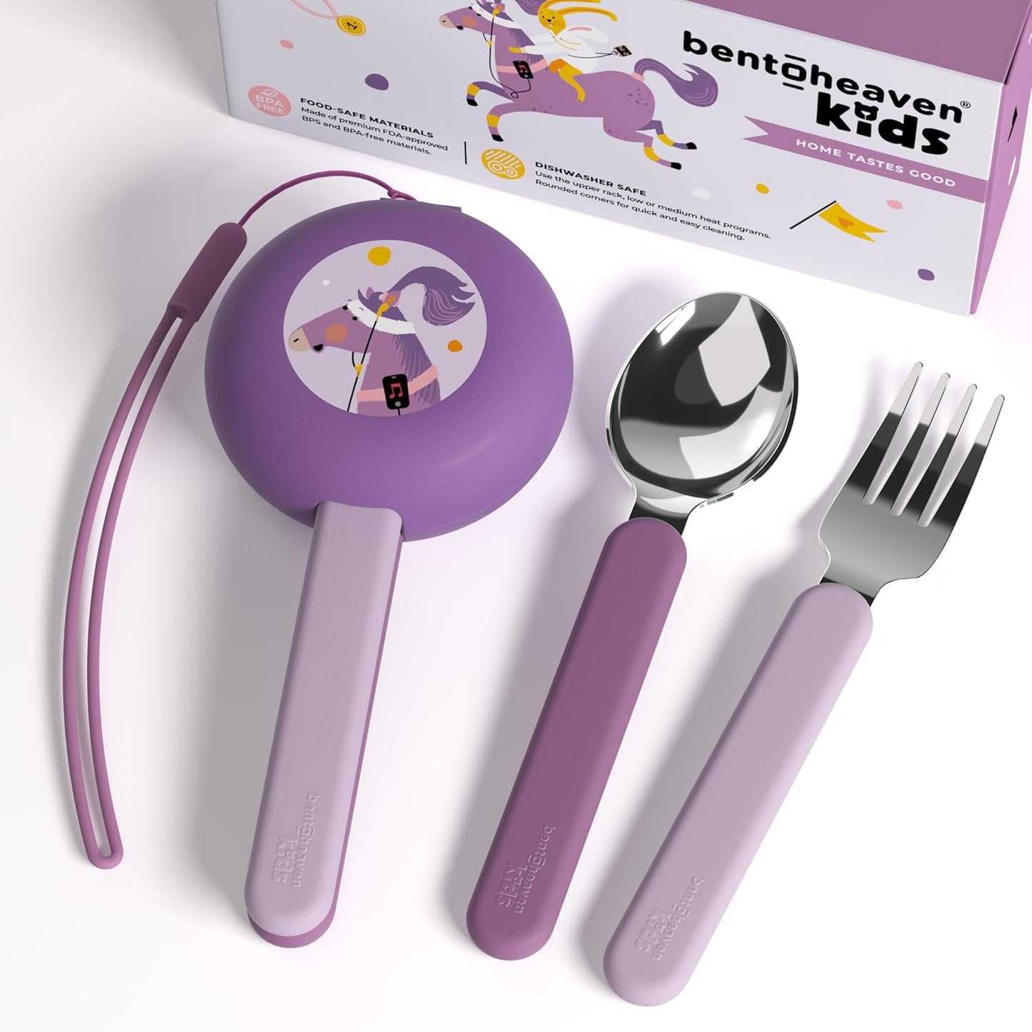 Bentoheaven kids travel utensil set with horse design front view