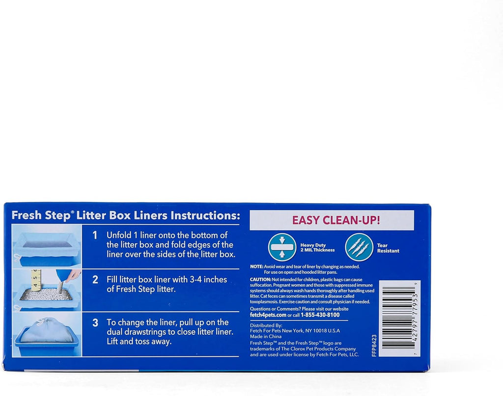 Fresh Step drawstring closure illustration on litter bag packaging