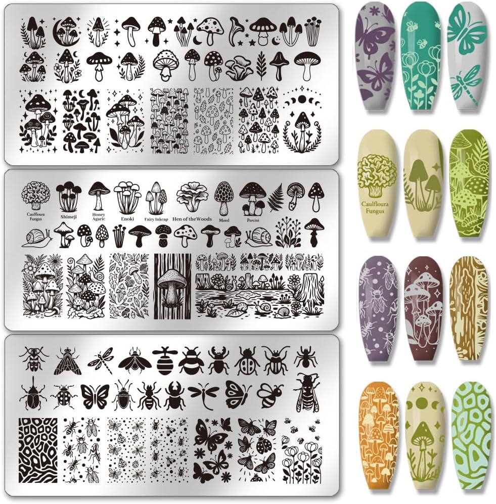 PH PandaHall 3 Piece Mushroom Nail Stamping Plates front view showcasing nature patterns.