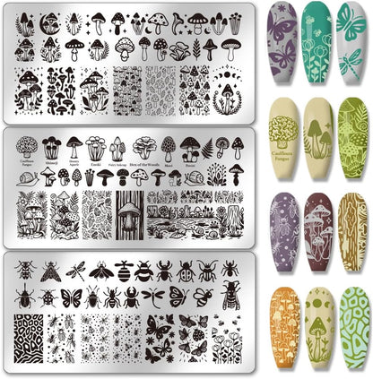 PH PandaHall 3 Piece Mushroom Nail Stamping Plates front view showcasing nature patterns.