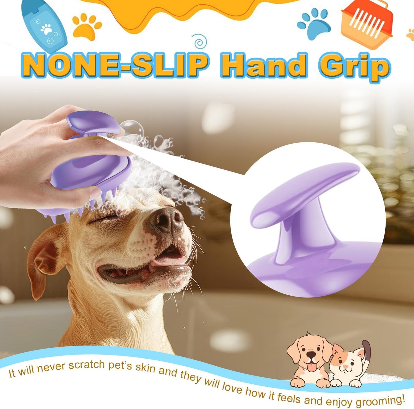 Ergonomic circular hand grip design of the purple Peehss dog washing brush