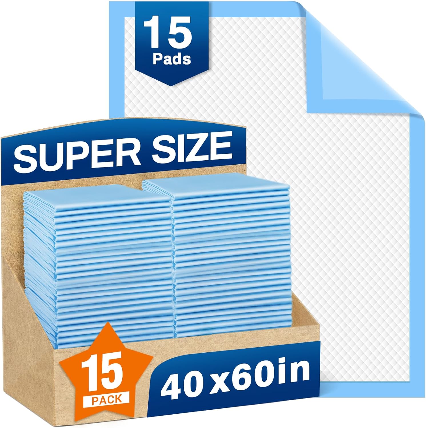 MILDPLUS disposable bed pads front view of packaging highlighting fifteen count fifteen hundred by two thousand millimeter dimensions.