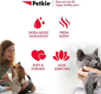 Petkin pet wipes packaging highlighting two packs of one hundred count