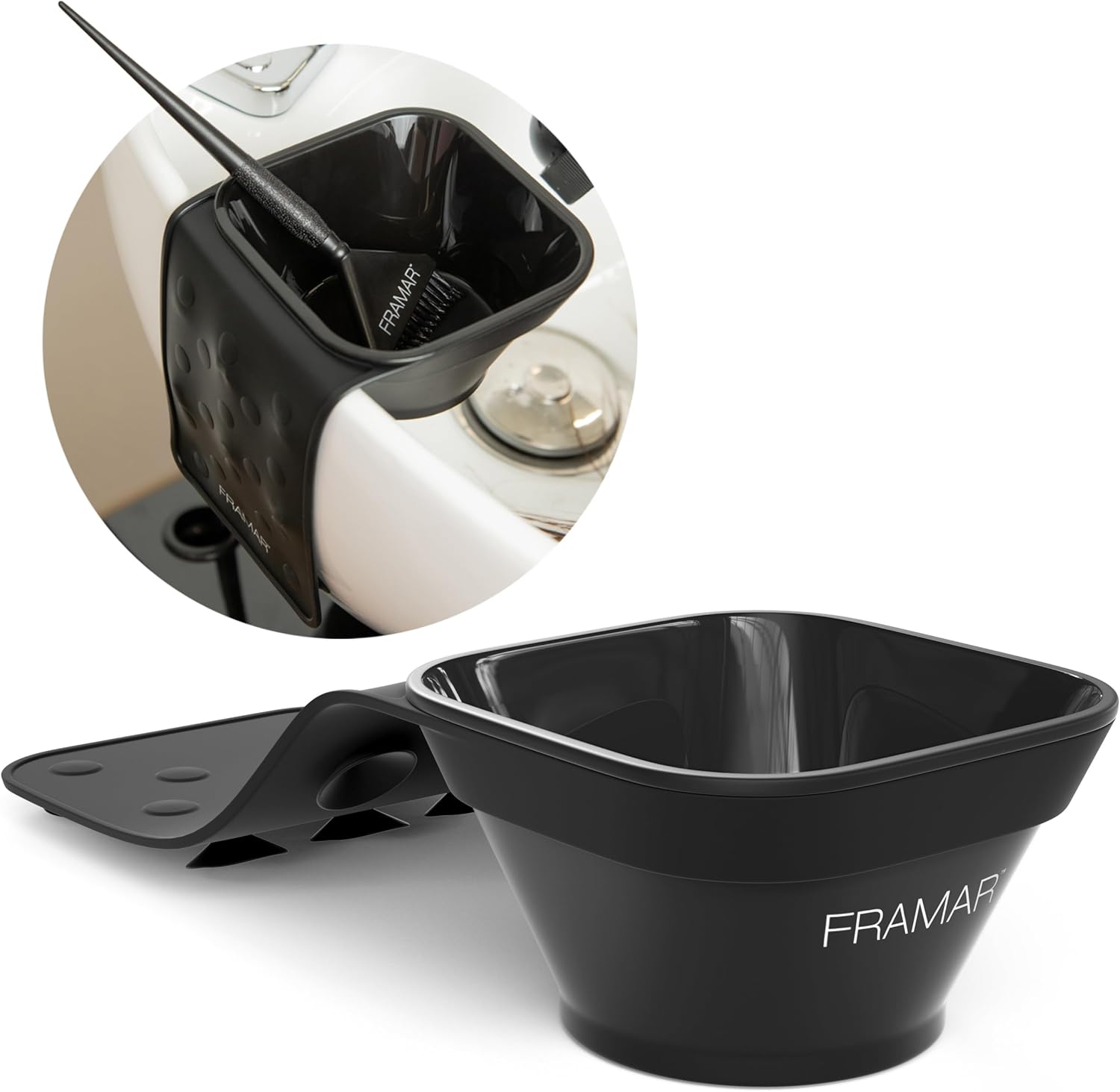 FRAMAR Toning Tub hair dye bowl front view showcasing the black mixing bowl and suction cup sleeve.