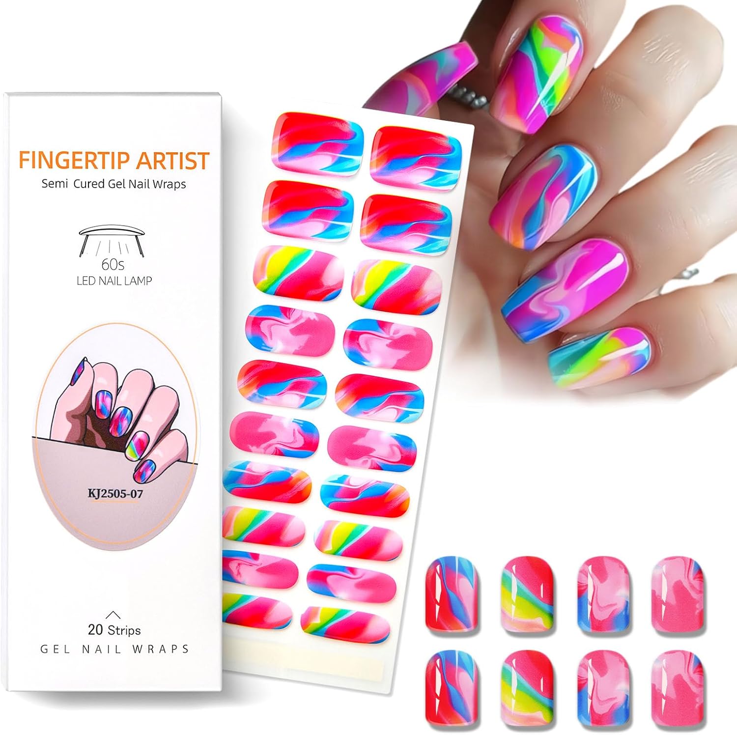 NAILOG semi cured gel nail strips front view showing colorful gradient design packaging.