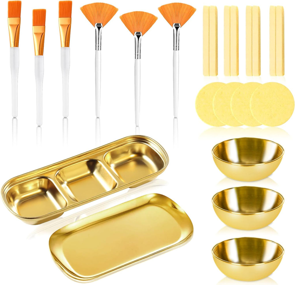 Uxcell 23 piece esthetician supplies set front view showing gold mixing bowls and trays