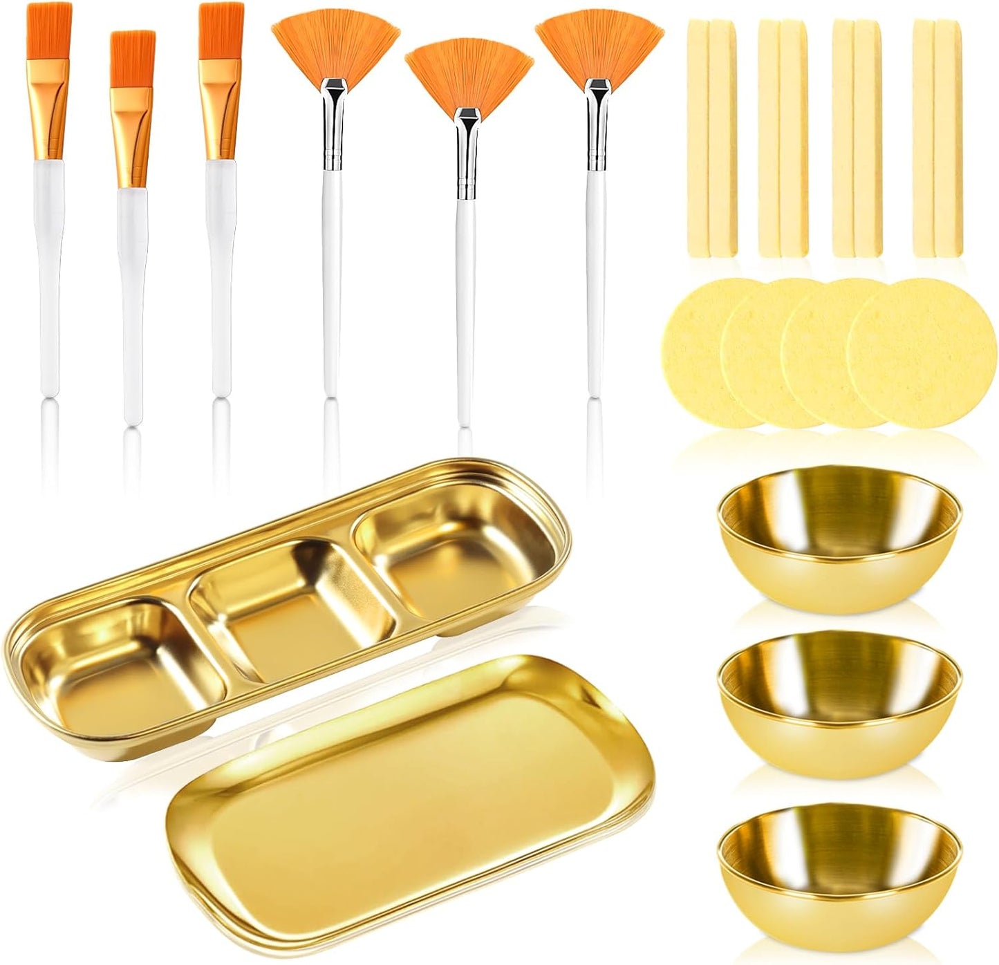 Uxcell 23 piece esthetician supplies set front view featuring gold stainless steel mixing bowls and facial fan brushes for salons