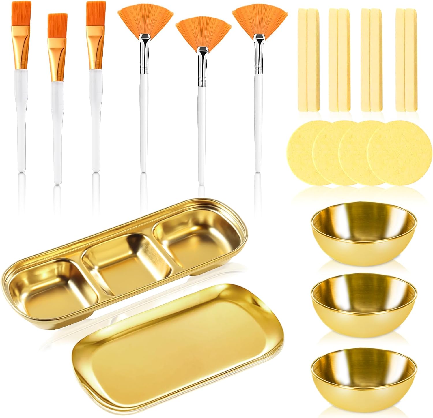 Uxcell 23 piece esthetician supplies set front view featuring gold stainless steel mixing bowls and facial fan brushes for salons