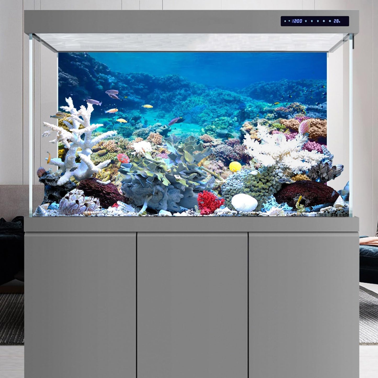 External installation setup guide for the reusable marine life aquarium backdrop poster.