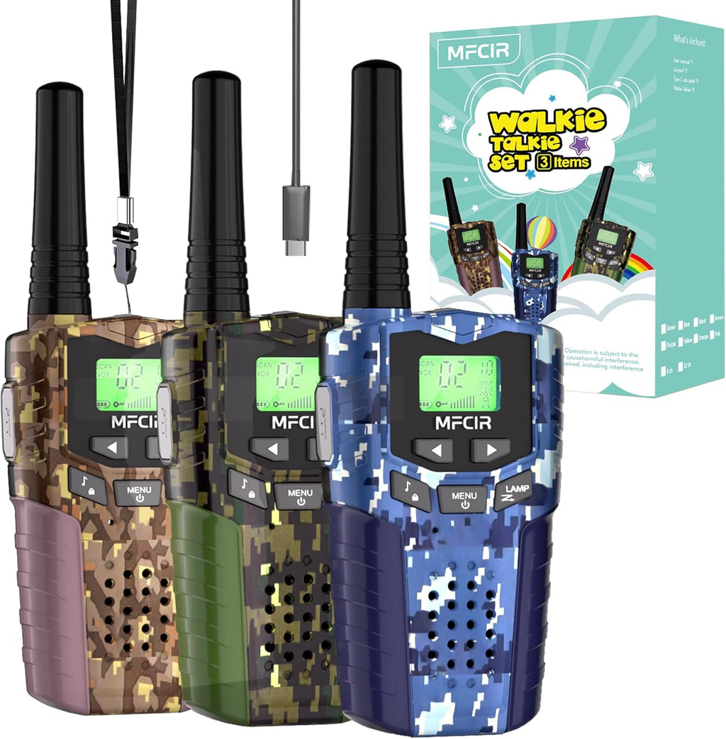 Mfcir rechargeable kids camouflage walkie talkies three pack front view displaying blue green and brown patterns.