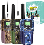 Mfcir rechargeable kids camouflage walkie talkies three pack front view displaying blue green and brown patterns.