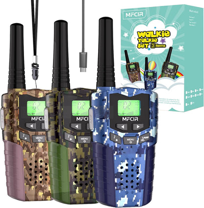 Mfcir rechargeable kids camouflage walkie talkies three pack front view displaying blue green and brown patterns.