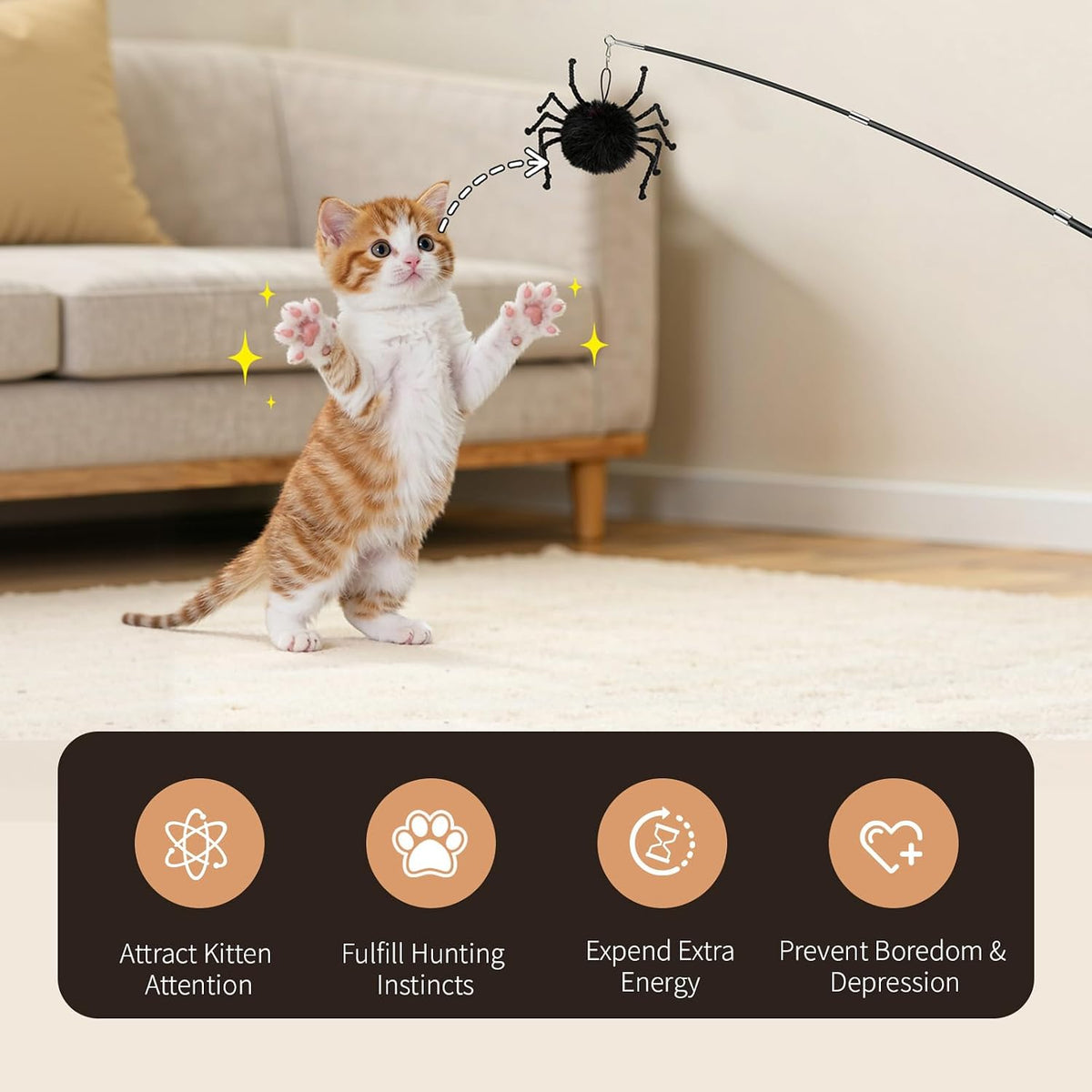 VavoPaw cat hunting toy extended to maximum length next to a playful domestic kitten.