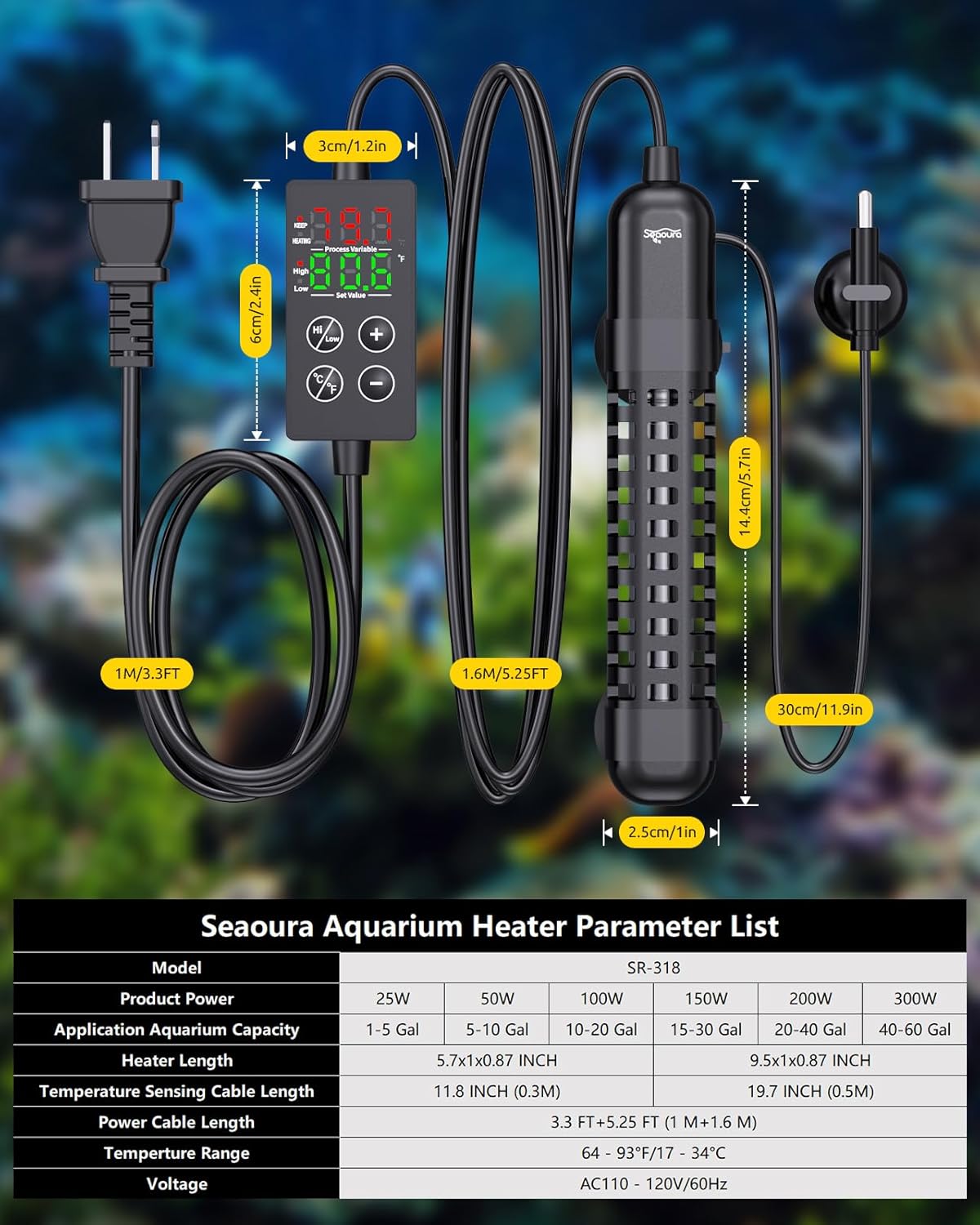 Seaoura 100W heater digital display showing temperature