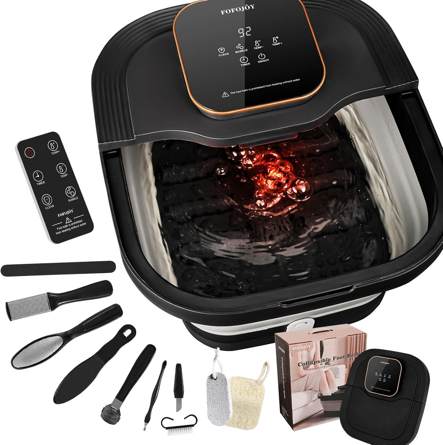 Fofojoy collapsible foot spa bath front view with remote