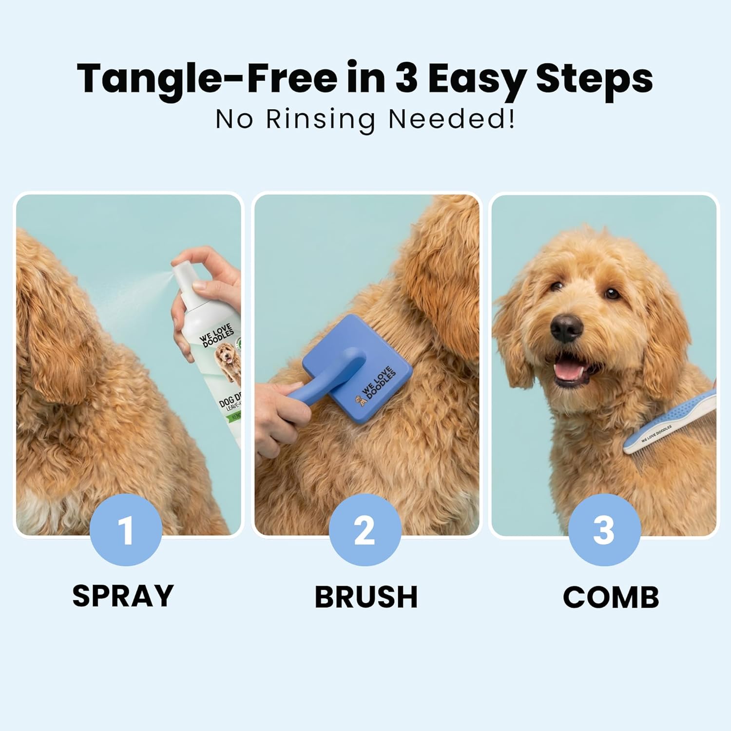 Hypoallergenic dog tangle remover spray bottle for easy pet grooming.