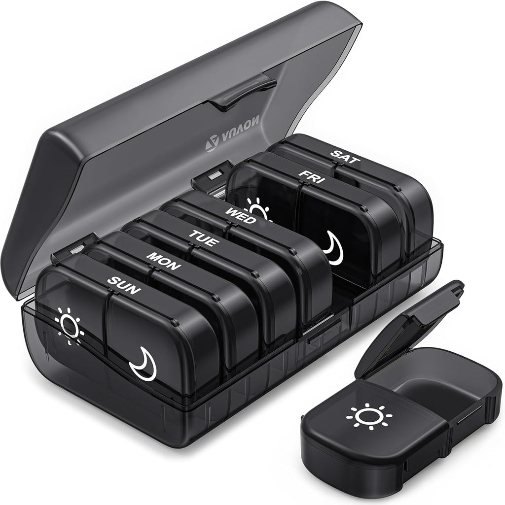 AUVON XL Weekly Pill Organizer front view showing black privacy protection daily medicine compartments.
