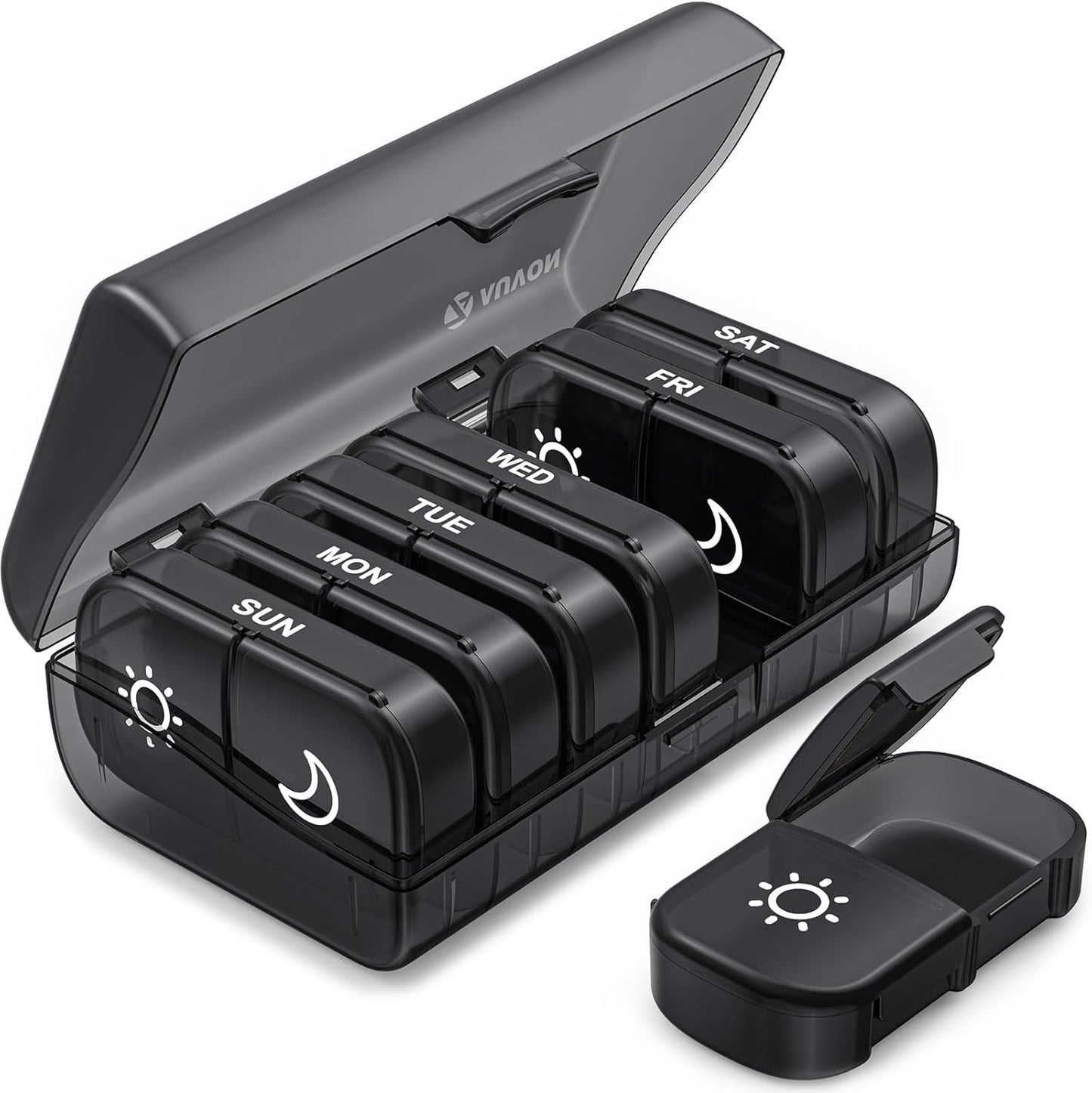 AUVON XL Weekly Pill Organizer front view showing black privacy protection daily medicine compartments.
