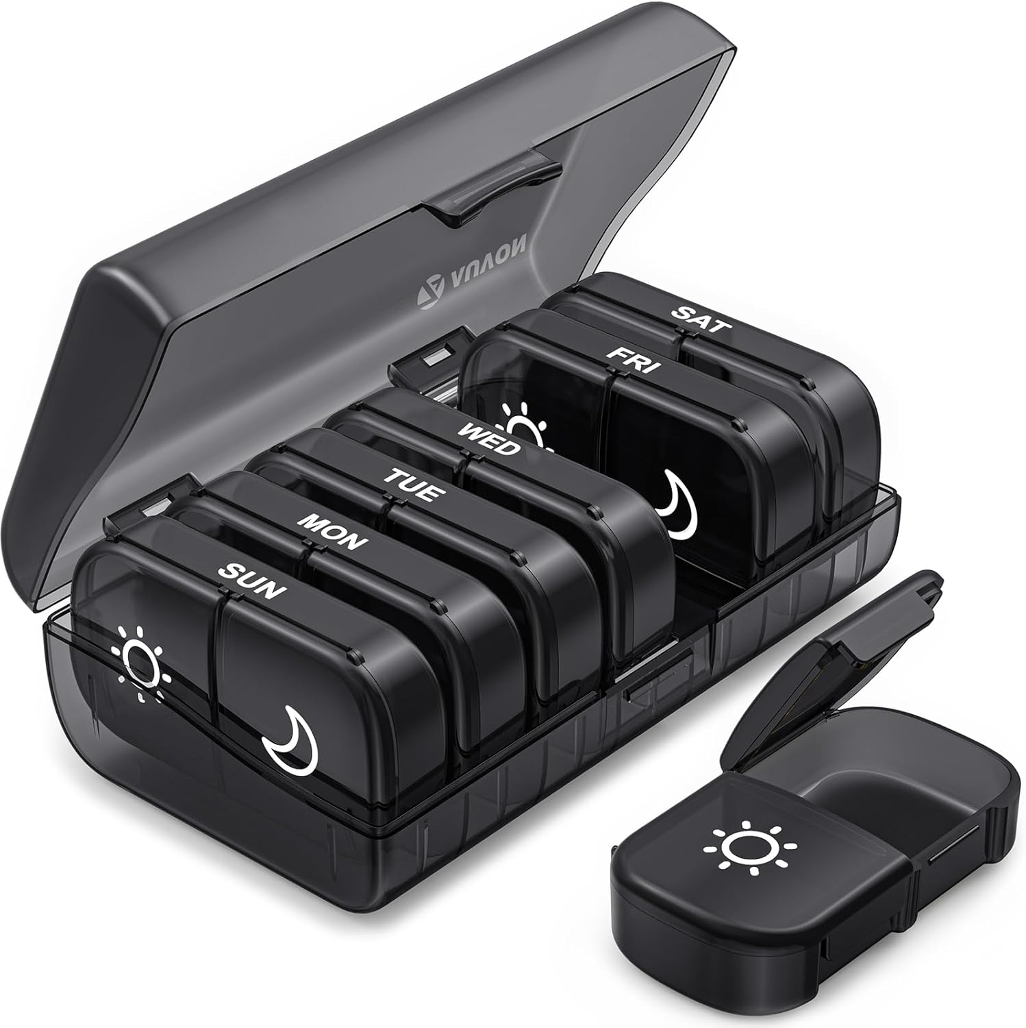 AUVON XL Weekly Pill Organizer front view showing black privacy protection daily medicine compartments.