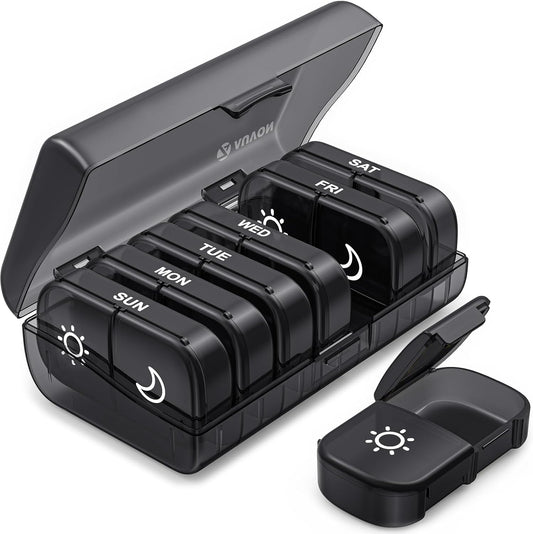 AUVON XL Weekly Pill Organizer front view showing black privacy protection daily medicine compartments.