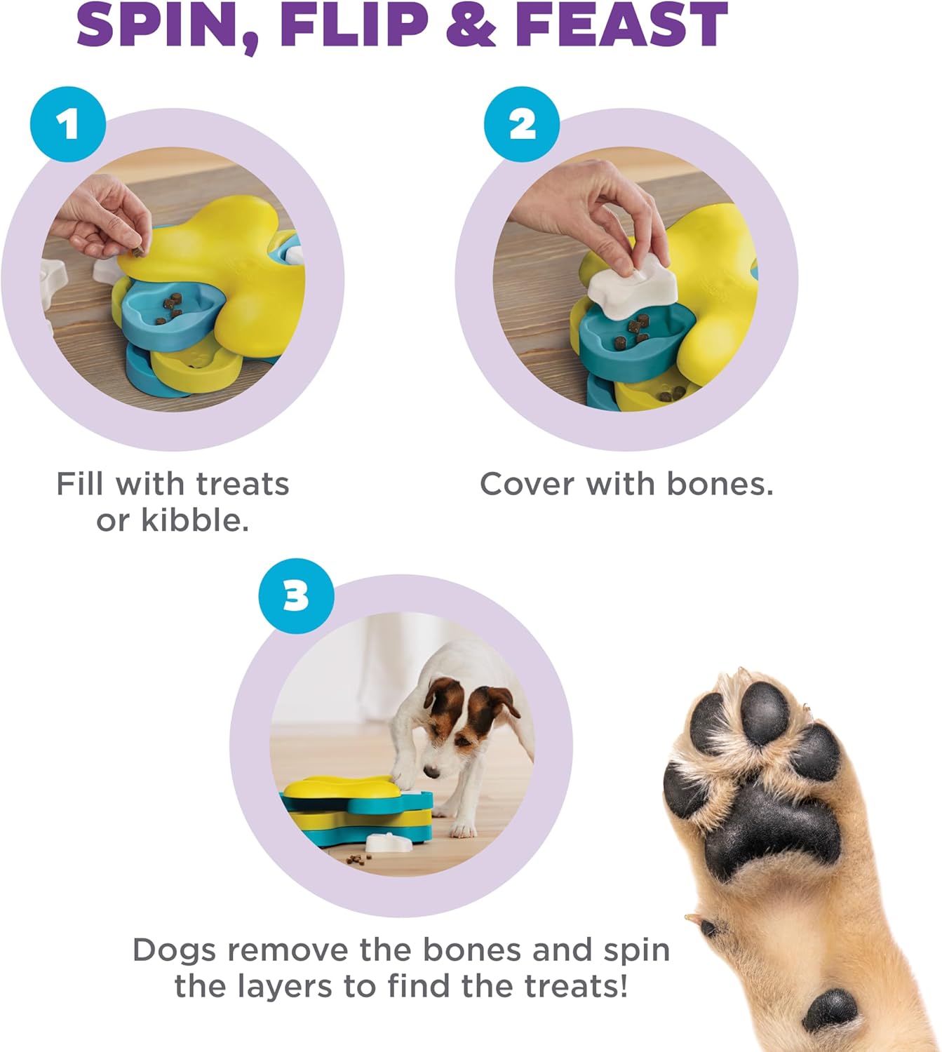 USA imported Outward Hound dog enrichment puzzle with three tiers for smart pets.