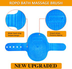 ROPO dog grooming tool detailing the extra long soft rubber bristles for deep cleaning.