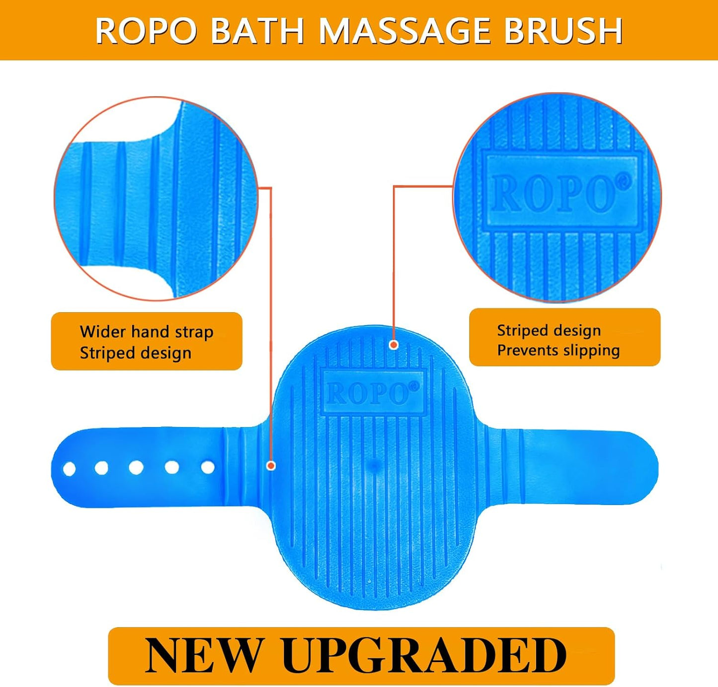 ROPO dog grooming tool detailing the extra long soft rubber bristles for deep cleaning.