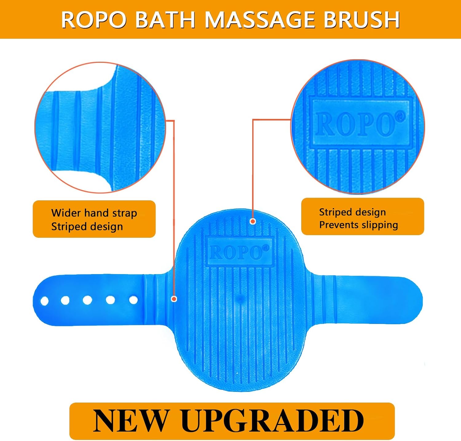 ROPO dog grooming tool detailing the extra long soft rubber bristles for deep cleaning.