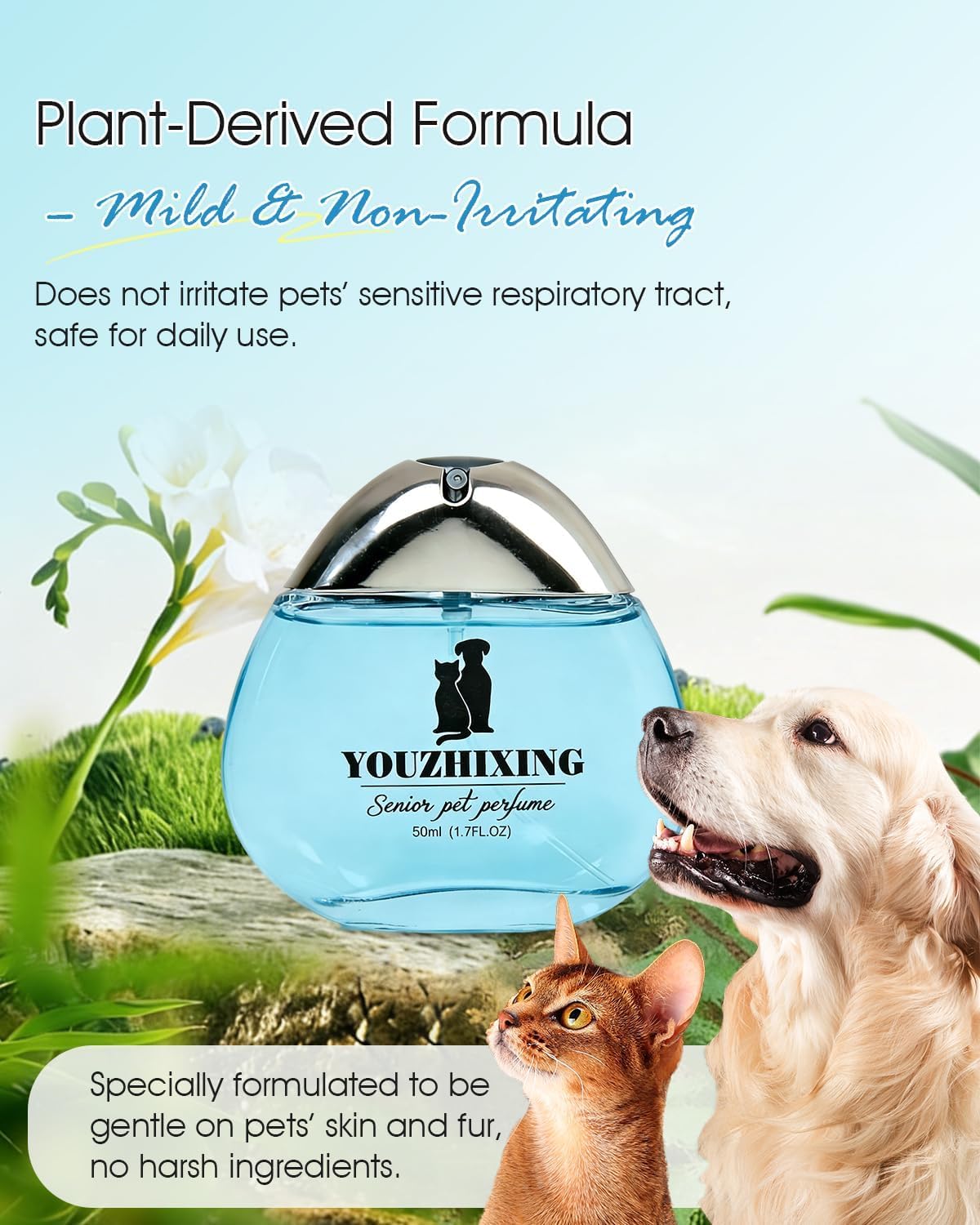 Premium pet fragrance bottle displaying the cat and dog silhouette logo