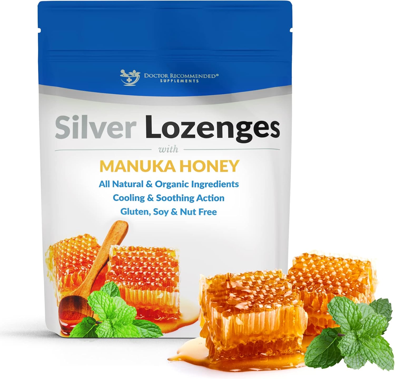 Doctor Recommended Supplements Silver Lozenges front packaging view showing immune support benefits.