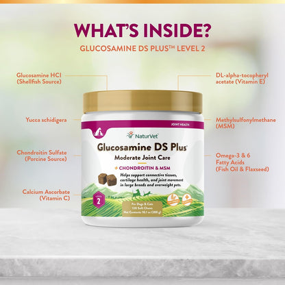Close up view of the 120 count NaturVet Glucosamine DS Plus container label