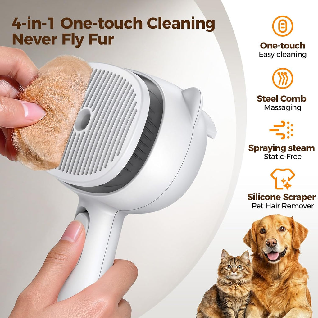 Primecat pet grooming steam brush showing 140-degree curved stainless steel pins with protective HTPE tips.