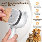 Primecat pet grooming steam brush showing 140-degree curved stainless steel pins with protective HTPE tips.