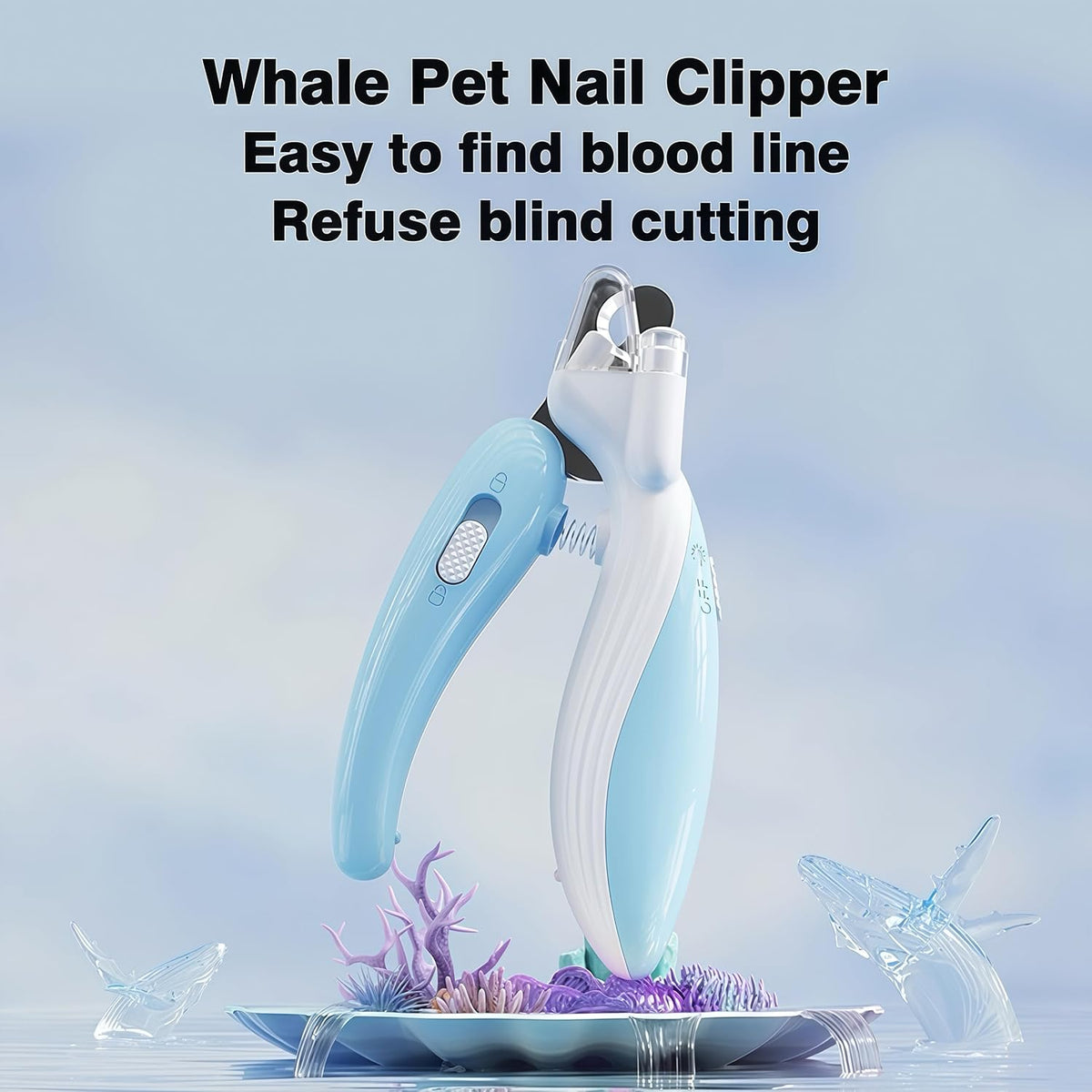 SHAOMABA pet nail trimmer showing the premium stainless steel blades and safety guard mechanism.
