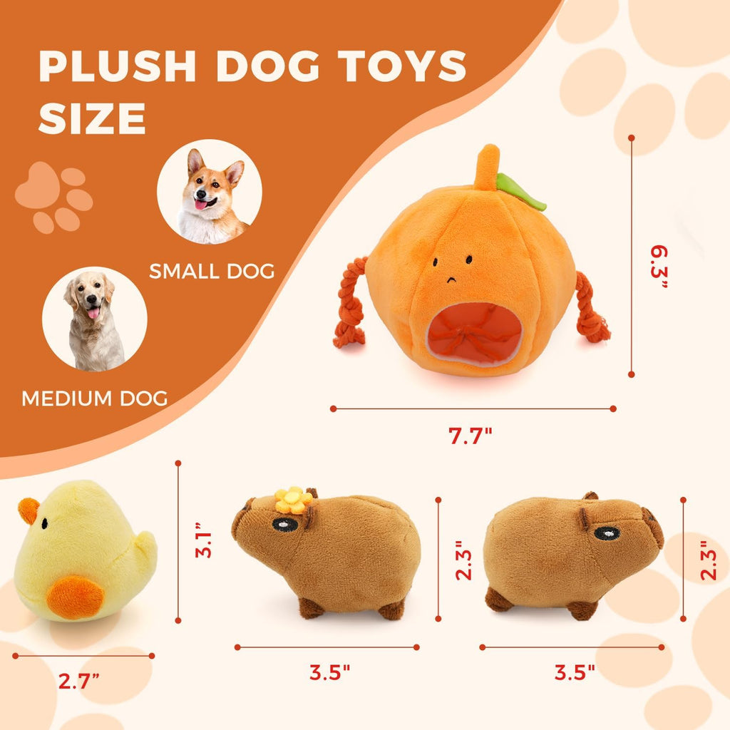 MewaJump four piece small dog toy bundle showing the yellow interior lining of the plush hide-and-seek bag.