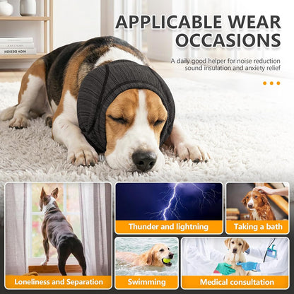 Nanaki sound dampening dog snood for firework anxiety relief close up