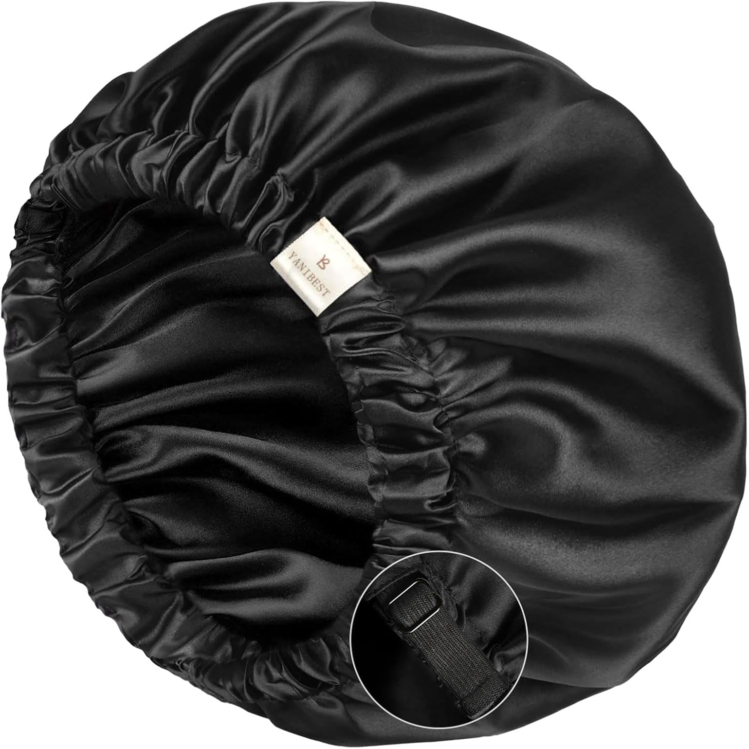 YANIBEST adjustable silk satin bonnet in dark grey showing front view for curly hair protection.