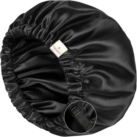 YANIBEST adjustable silk satin bonnet in dark grey showing front view for curly hair protection.