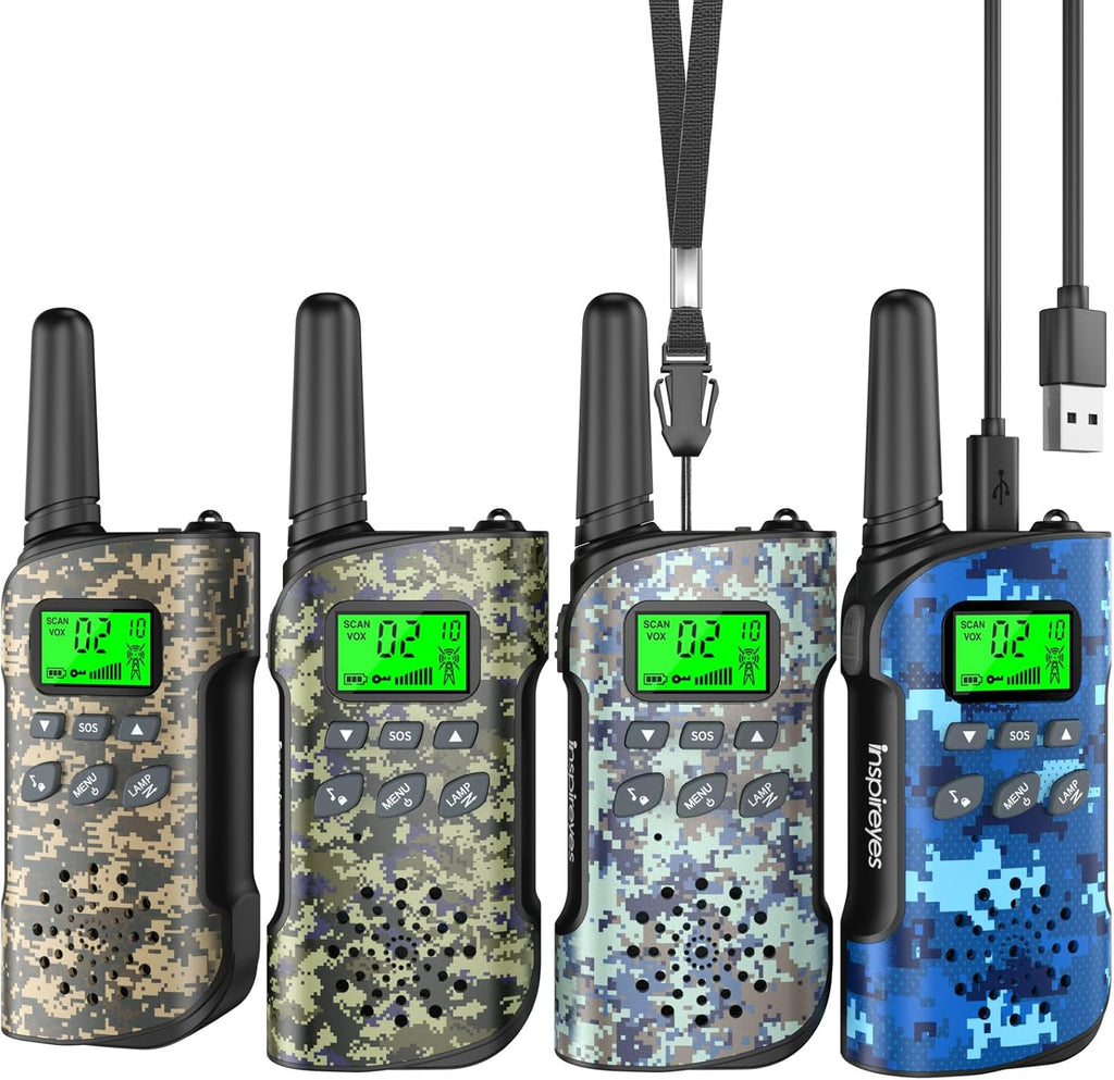 Inspireyes kids rechargeable walkie talkies four pack camouflage front view showing backlit screen