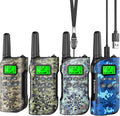 Inspireyes kids rechargeable walkie talkies four pack camouflage front view showing backlit screen