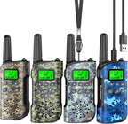 Inspireyes kids rechargeable walkie talkies four pack camouflage front view showing backlit screen