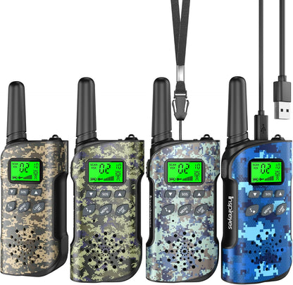 Inspireyes kids rechargeable walkie talkies four pack camouflage front view showing backlit screen