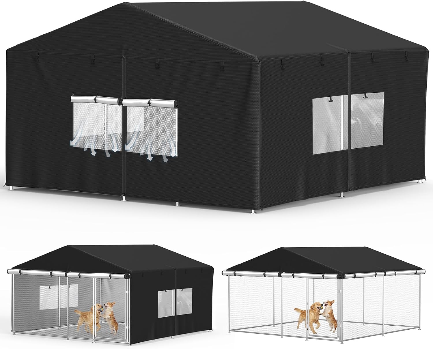 Startwo outdoor dog kennel cover front view showing heavy duty full coverage fabric.