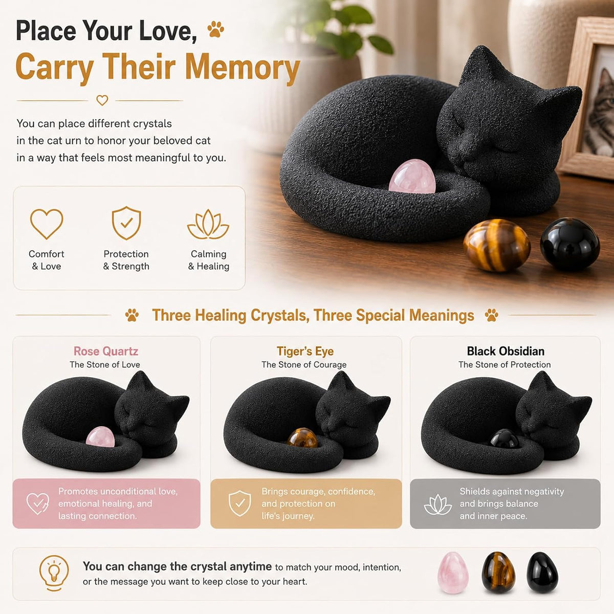 Black Cat Urn for Ashes with Crystal Stones Memorial Keepsake - Image 2