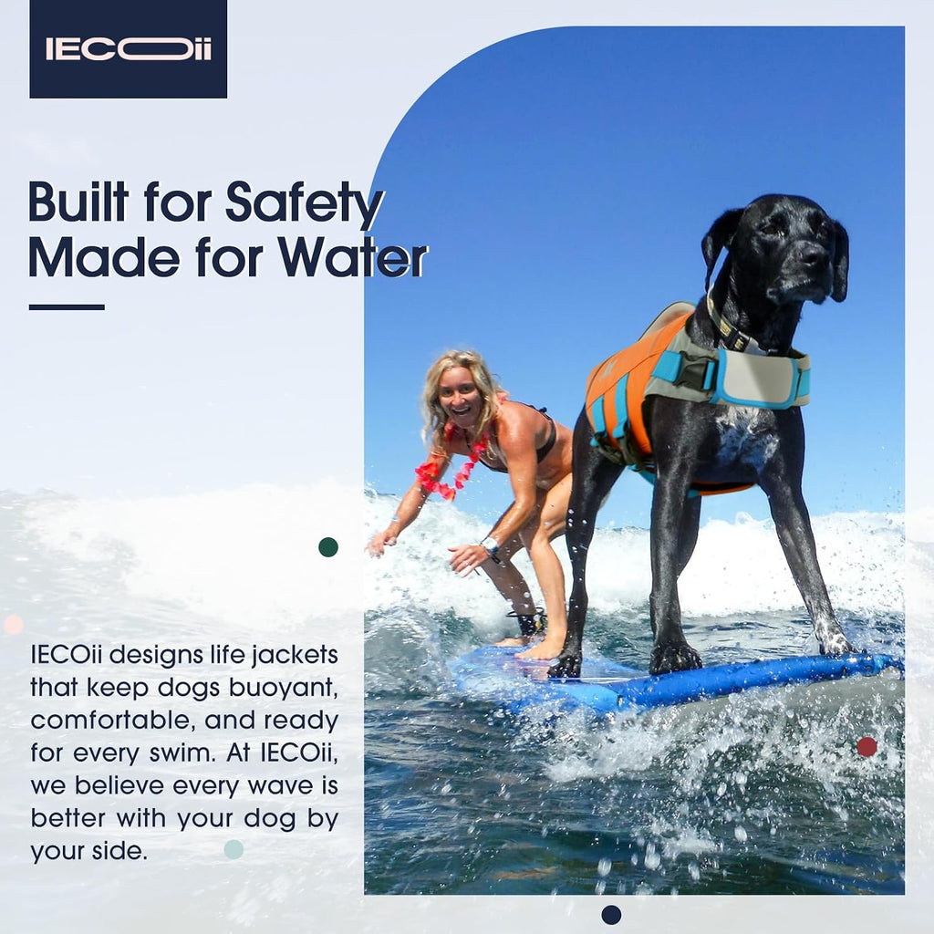 IECOii dog life vest top view highlighting the reinforced rescue handle and reflective safety accents.