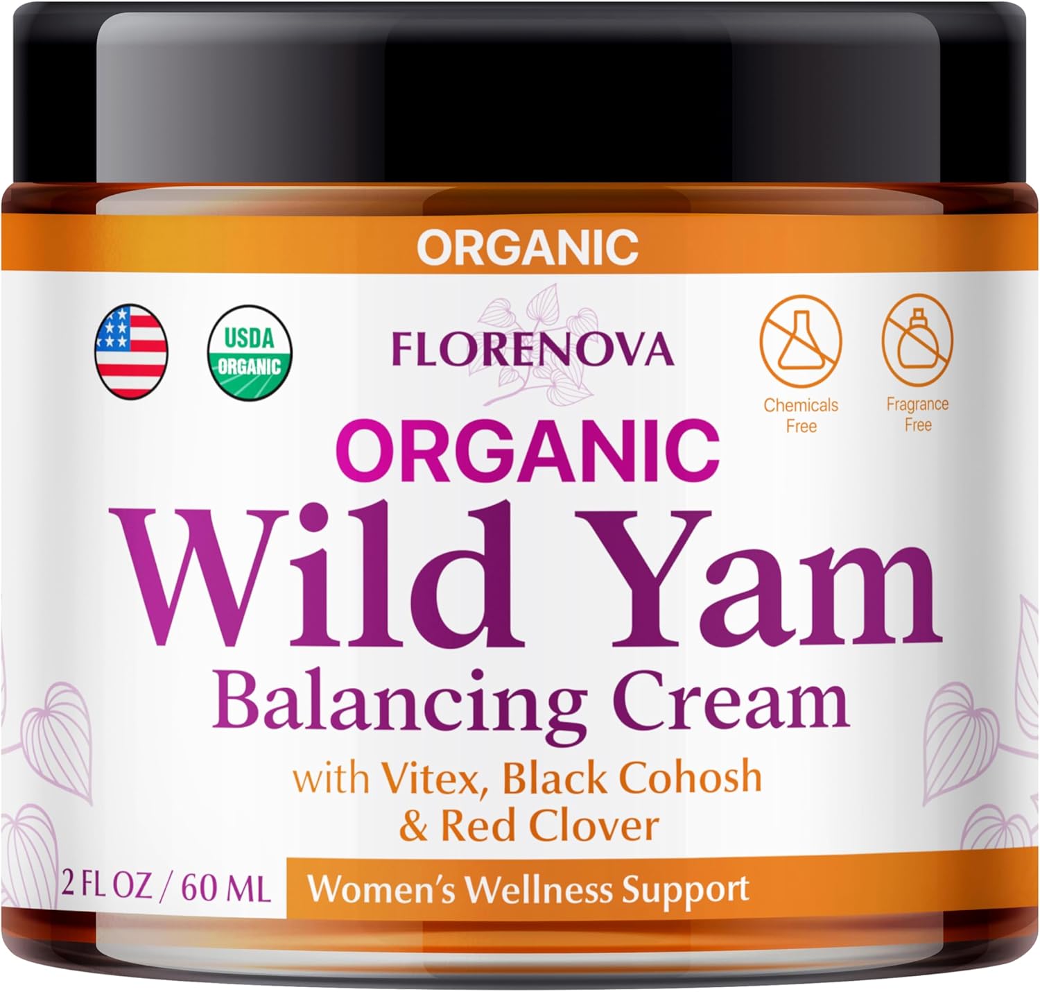 Florenova Organic Wild Yam Cream front view jar of balancing balm for women midlife wellness